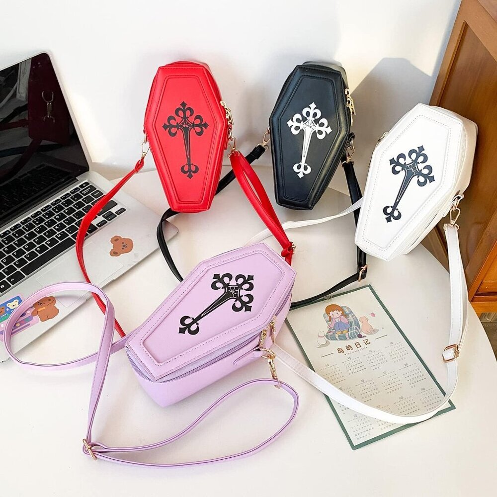 Gothic PU Leather Bag Women’s Crossbody Coffin Shape Bag Cell Phone Purse Small - Picture 3 of 7